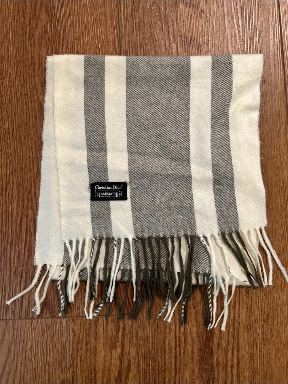 Christian Dior Cream and Gray Striped Wool-Blend Scarf